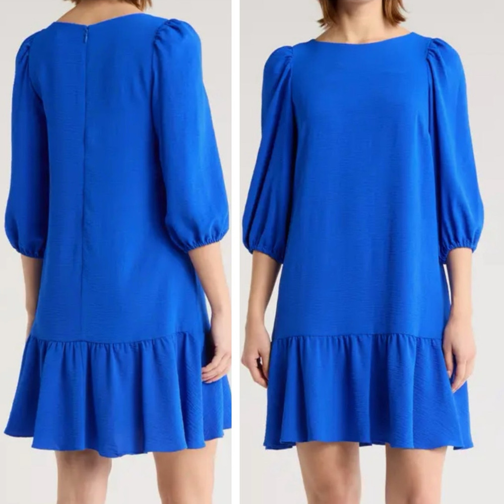DKNY Mini Shift Dress 4 Blue Flounce Ruffle Hem Minimalist Balloon Sleeve Modern